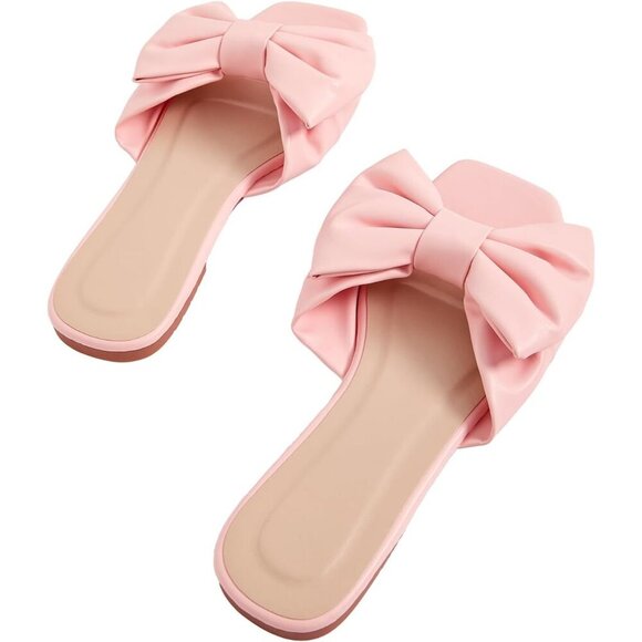 Women's Bow Pink Square Open Toe Breathable Slip On Slide Sandals Flat Shoes - Picture 4 of 5